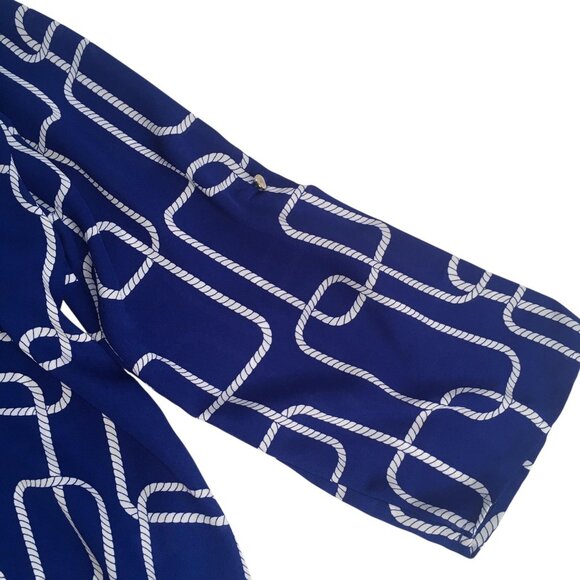 Nautical Rope Print Blouse Womens Large Blue Split Neck 3/4 Roll Tab Sleeve - Picture 2 of 16